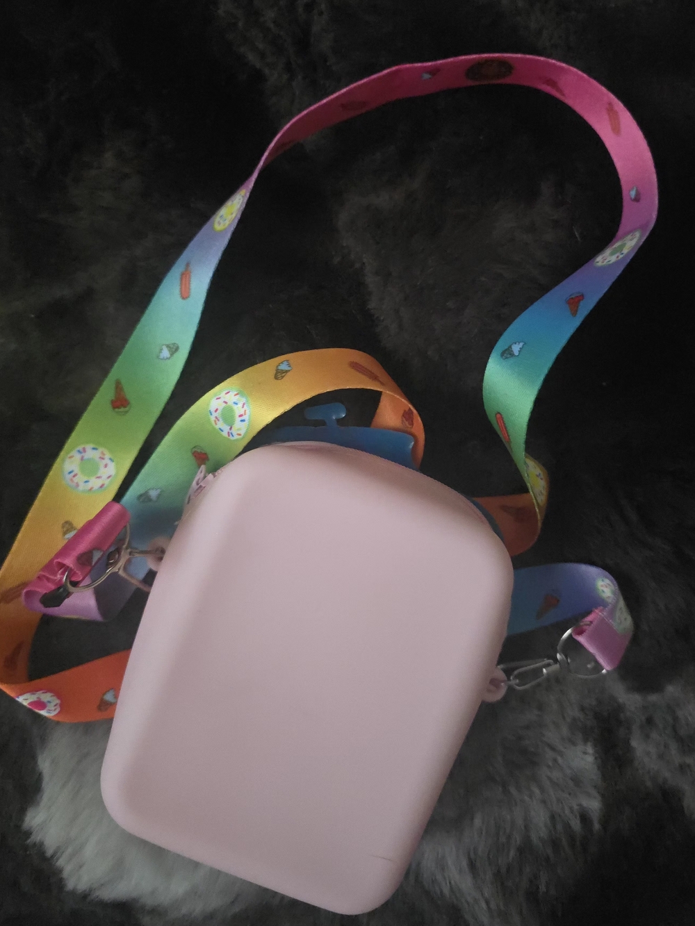 Kids Pink Crossbody Bag with Rainbow Snack Print Strap